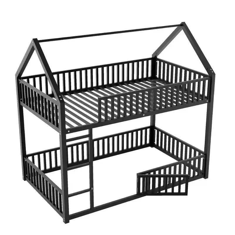 Lit superposé cabane en métal, jumeau sur jumeau, avec clôture et porte