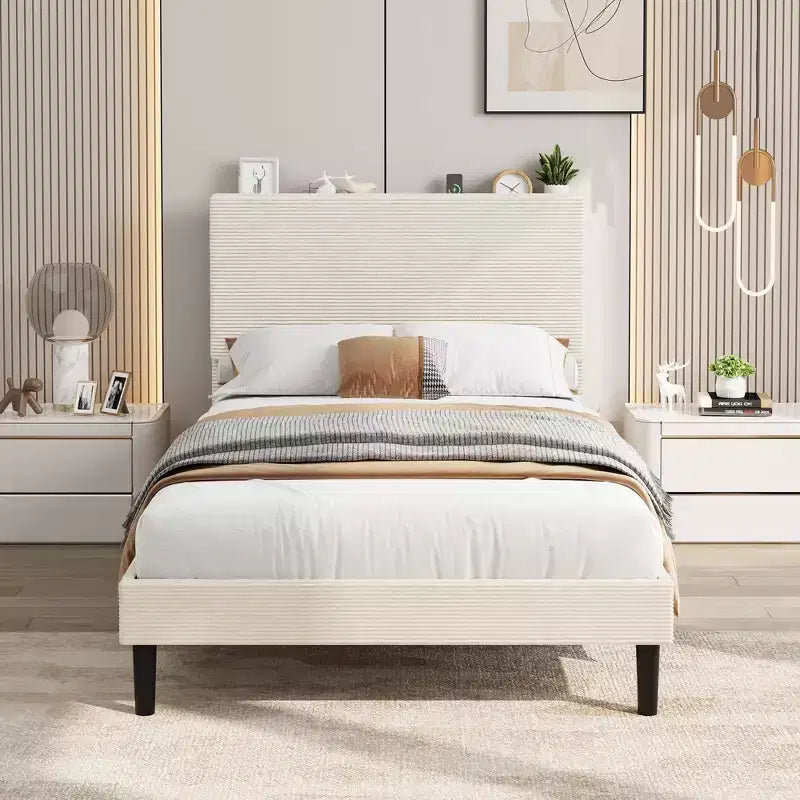 Cadre de lit double avec station de charge USB, cadre de lit plateforme rembourré en velours côtelé avec tête de lit de rangement réglable, support à lattes en bois