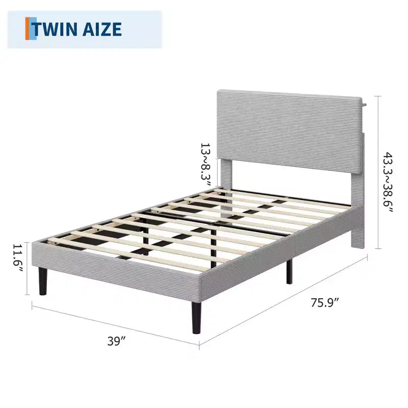 Cadre de lit double avec station de charge USB, cadre de lit plateforme rembourré en velours côtelé avec tête de lit de rangement réglable, support à lattes en bois