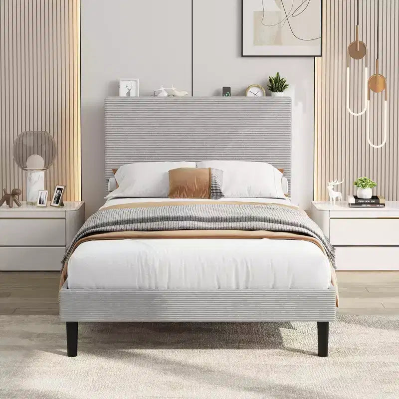 Cadre de lit double avec station de charge USB, cadre de lit plateforme rembourré en velours côtelé avec tête de lit de rangement réglable, support à lattes en bois