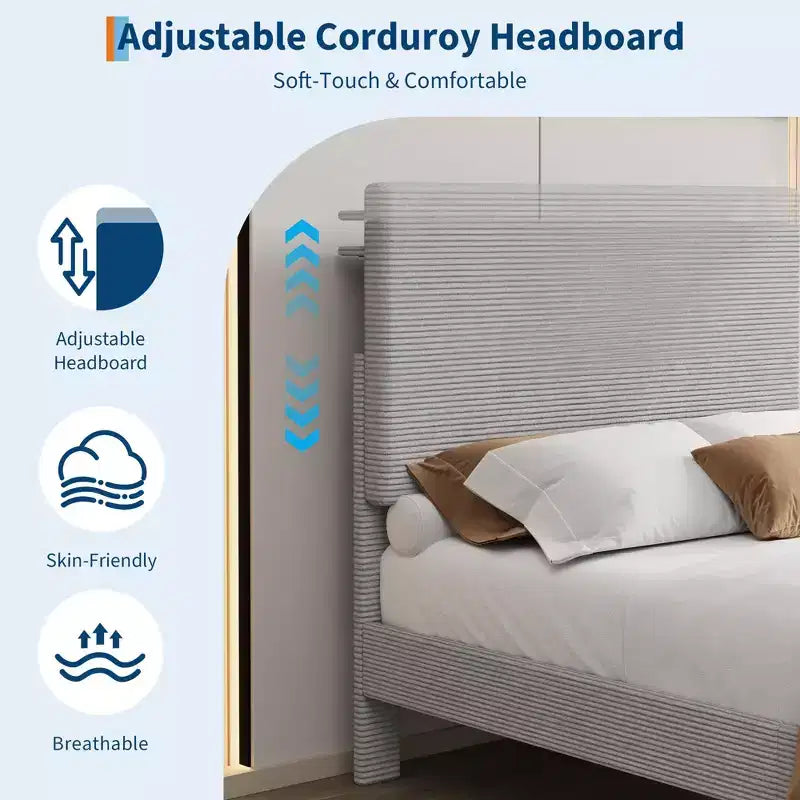 Cadre de lit double avec station de charge USB, cadre de lit plateforme rembourré en velours côtelé avec tête de lit de rangement réglable, support à lattes en bois