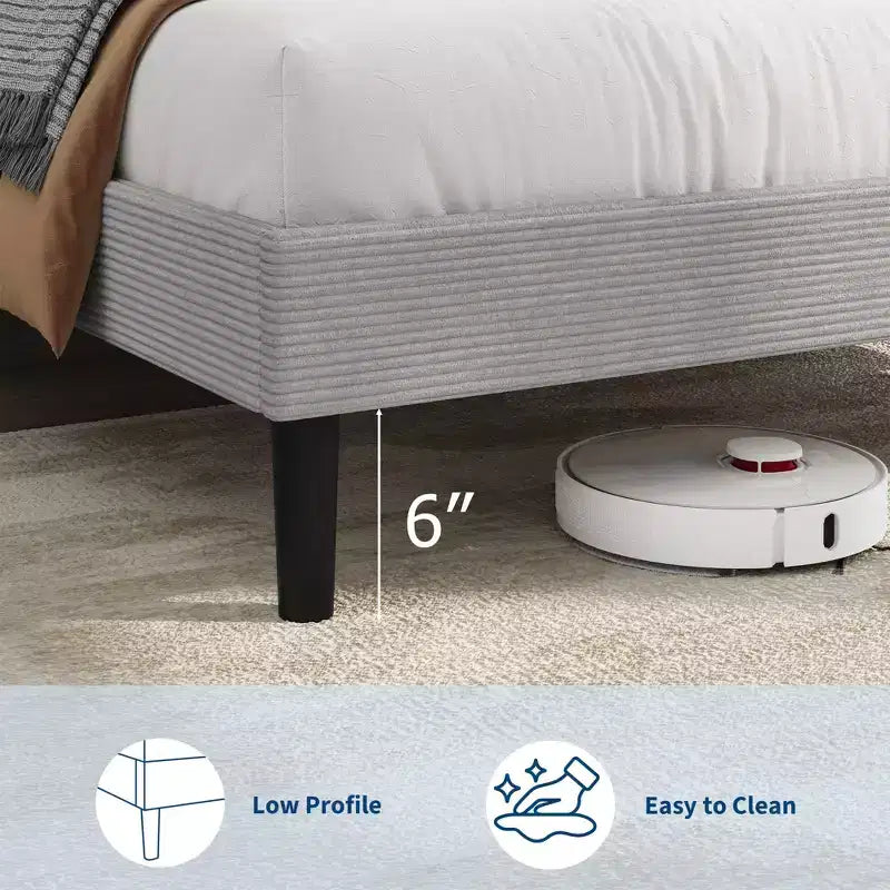 Cadre de lit double avec station de charge USB, cadre de lit plateforme rembourré en velours côtelé avec tête de lit de rangement réglable, support à lattes en bois