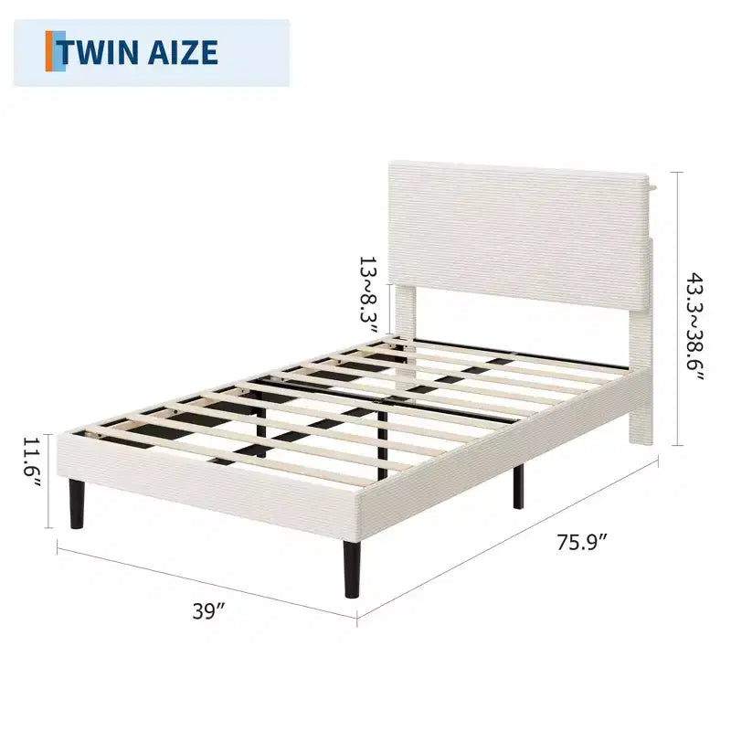 Cadre de lit double avec station de charge USB, cadre de lit plateforme rembourré en velours côtelé avec tête de lit de rangement réglable, support à lattes en bois