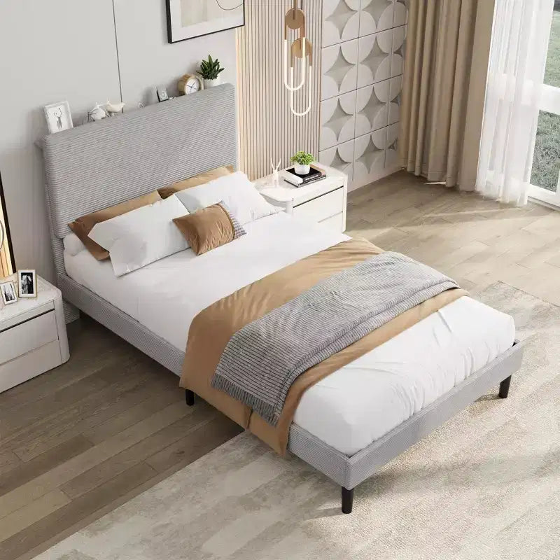 Twin Size Bed Frame with USB Charging Station, Corduroy Upholstered Platform Bed Frame with Adjustable Storage Headboard, Wooden Slats Support