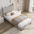 Twin Size Bed Frame with USB Charging Station, Corduroy Upholstered Platform Bed Frame with Adjustable Storage Headboard, Wooden Slats Support
