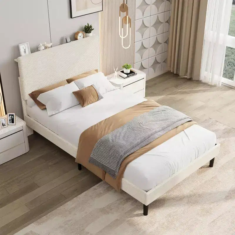 Cadre de lit double avec station de charge USB, cadre de lit plateforme rembourré en velours côtelé avec tête de lit de rangement réglable, support à lattes en bois