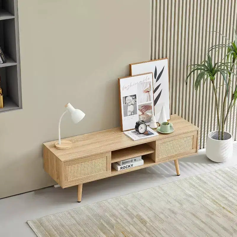 TV Cabinet, Double Sliding Door Storage with Adjustable Shelf, Solid Wood Legs, TV Console for Living Room