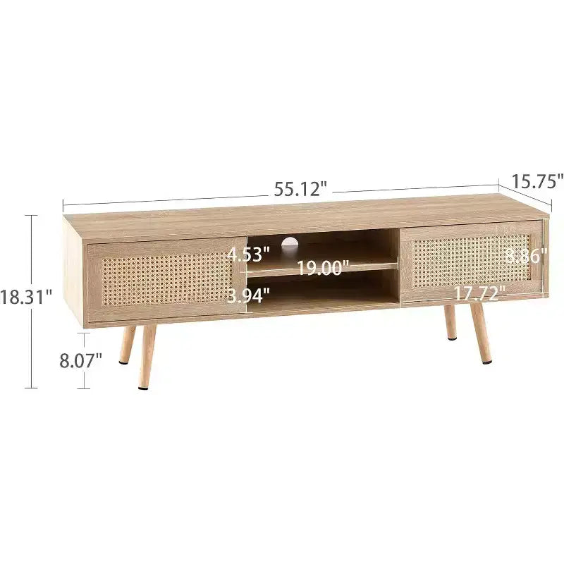 Meuble TV, Rangement à double porte coulissante avec étagère réglable, Pieds en bois massif, Console TV pour salon