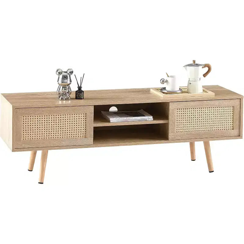 Meuble TV, Rangement à double porte coulissante avec étagère réglable, Pieds en bois massif, Console TV pour salon