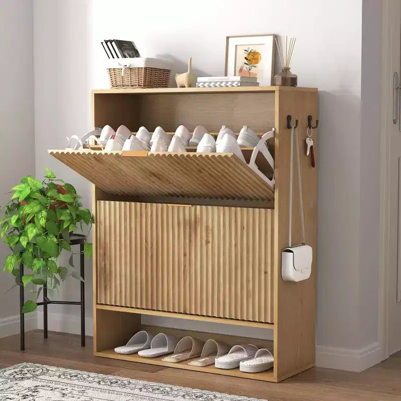 Meuble à chaussures étroit et cannelé avec 2 tiroirs basculants et étagère inférieure, organiseur de rangement dissimulé pour entrée, couloir et placard - Étagère à chaussures autoportante