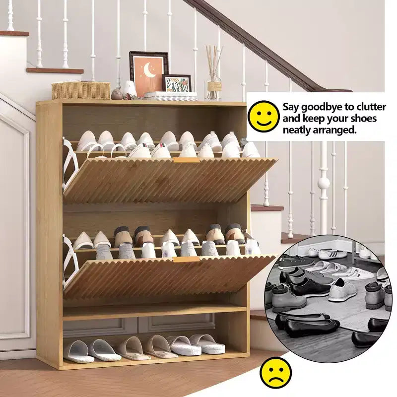 Meuble à chaussures étroit et cannelé avec 2 tiroirs basculants et étagère inférieure, organiseur de rangement dissimulé pour entrée, couloir et placard - Étagère à chaussures autoportante