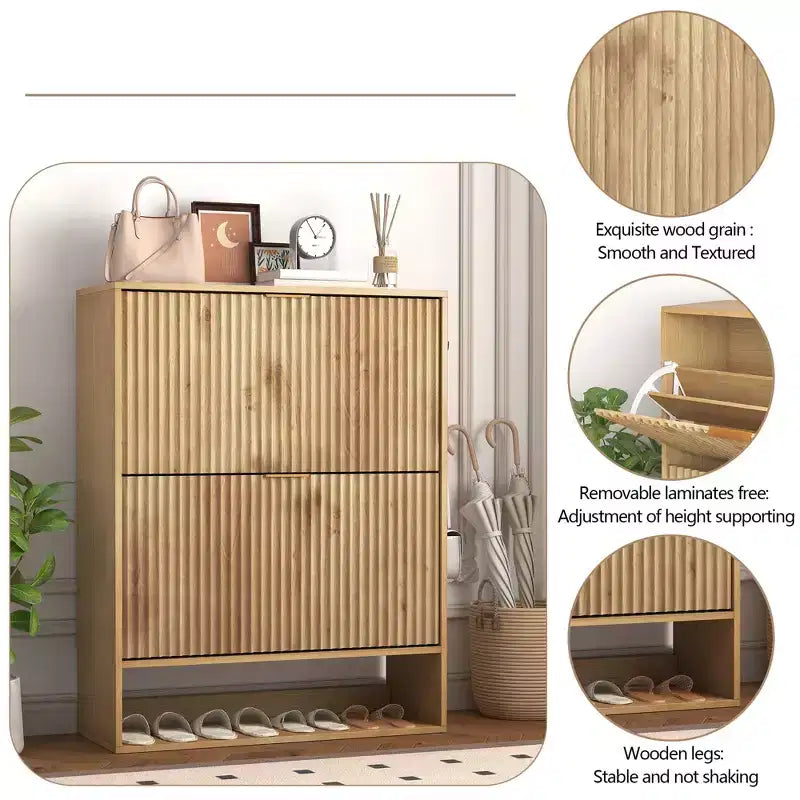 Meuble à chaussures étroit et cannelé avec 2 tiroirs basculants et étagère inférieure, organiseur de rangement dissimulé pour entrée, couloir et placard - Étagère à chaussures autoportante