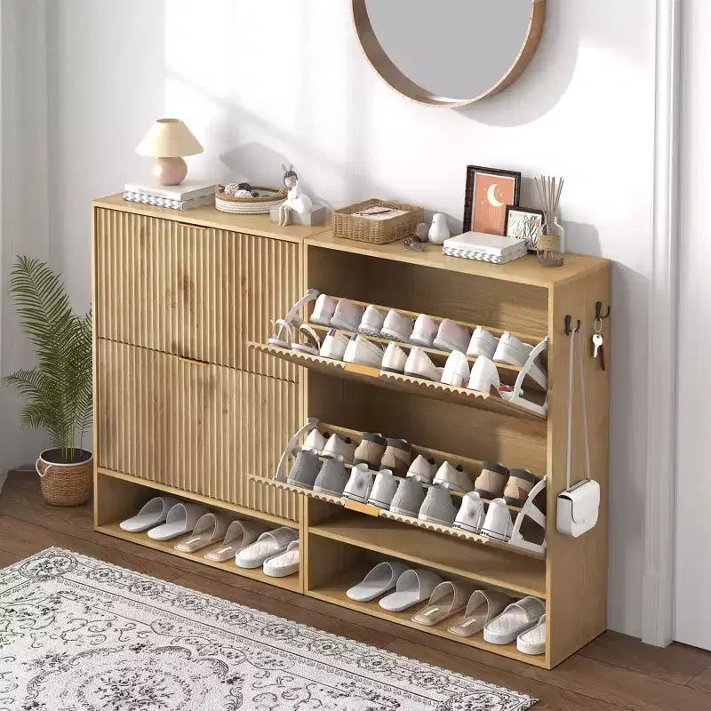 Meuble à chaussures étroit et cannelé avec 2 tiroirs basculants et étagère inférieure, organiseur de rangement dissimulé pour entrée, couloir et placard - Étagère à chaussures autoportante