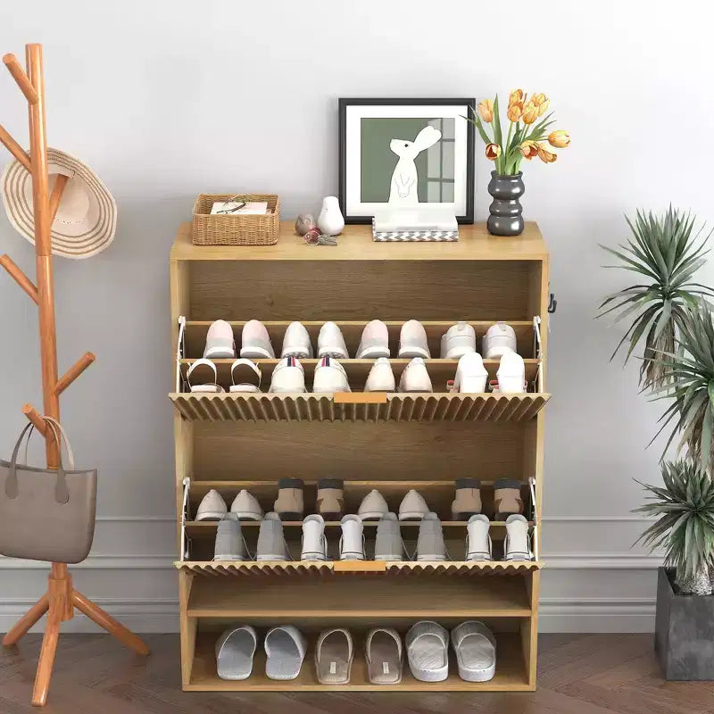 Meuble à chaussures étroit et cannelé avec 2 tiroirs basculants et étagère inférieure, organiseur de rangement dissimulé pour entrée, couloir et placard - Étagère à chaussures autoportante