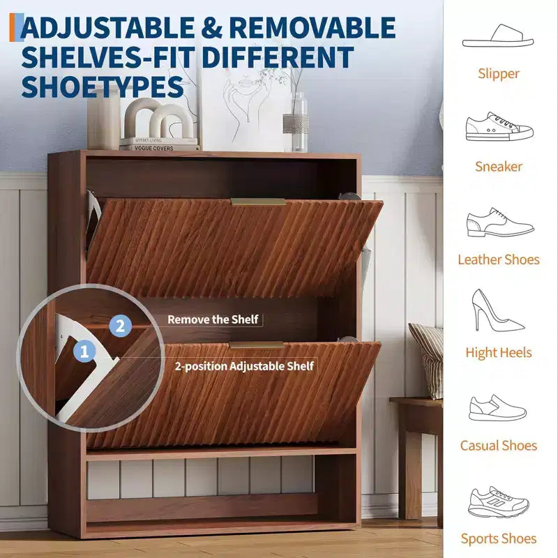 Meuble à chaussures étroit et cannelé avec 2 tiroirs basculants et étagère inférieure, organiseur de rangement dissimulé pour entrée, couloir et placard - Étagère à chaussures autoportante