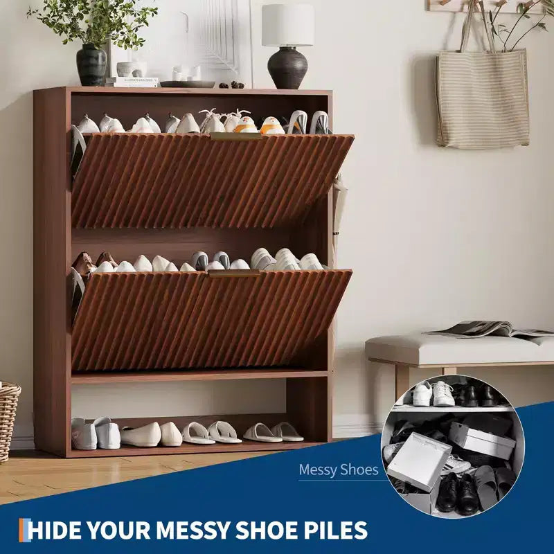 Meuble à chaussures étroit et cannelé avec 2 tiroirs basculants et étagère inférieure, organiseur de rangement dissimulé pour entrée, couloir et placard - Étagère à chaussures autoportante