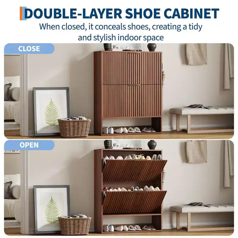 Meuble à chaussures étroit et cannelé avec 2 tiroirs basculants et étagère inférieure, organiseur de rangement dissimulé pour entrée, couloir et placard - Étagère à chaussures autoportante