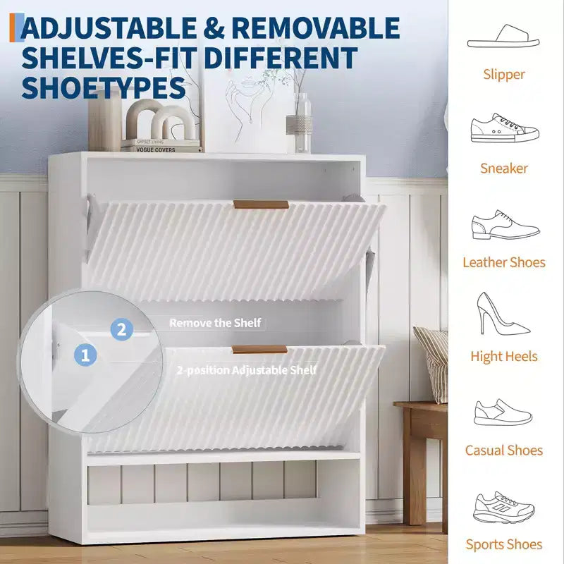 Meuble à chaussures étroit et cannelé avec 2 tiroirs basculants et étagère inférieure, organiseur de rangement dissimulé pour entrée, couloir et placard - Étagère à chaussures autoportante