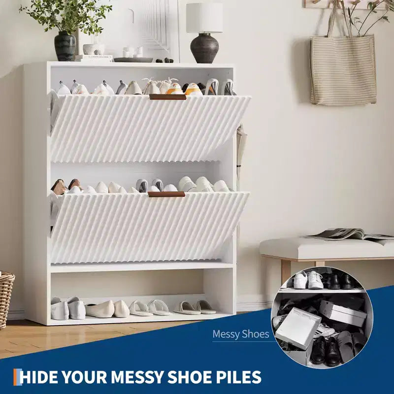 Meuble à chaussures étroit et cannelé avec 2 tiroirs basculants et étagère inférieure, organiseur de rangement dissimulé pour entrée, couloir et placard - Étagère à chaussures autoportante