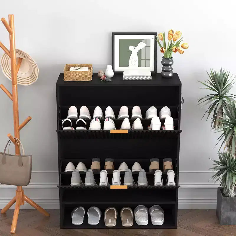 Meuble à chaussures étroit et cannelé avec 2 tiroirs basculants et étagère inférieure, organiseur de rangement dissimulé pour entrée, couloir et placard - Étagère à chaussures autoportante