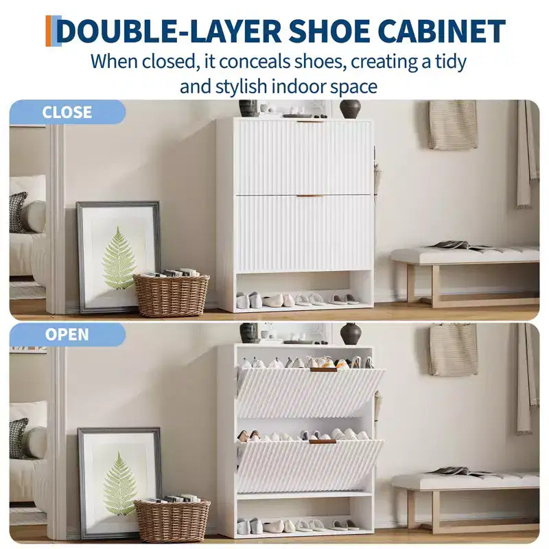 Meuble à chaussures étroit et cannelé avec 2 tiroirs basculants et étagère inférieure, organiseur de rangement dissimulé pour entrée, couloir et placard - Étagère à chaussures autoportante