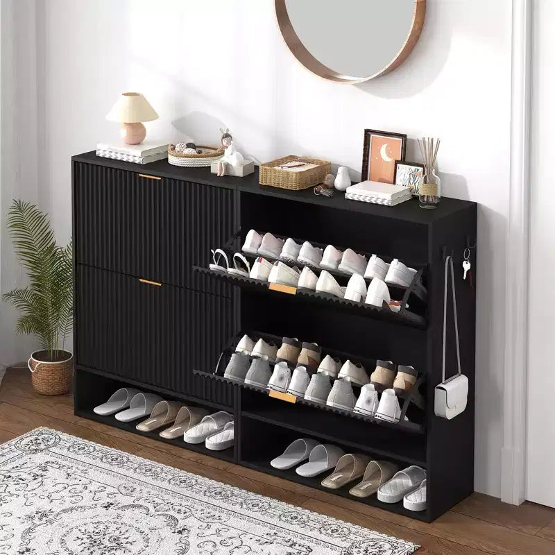 Meuble à chaussures étroit et cannelé avec 2 tiroirs basculants et étagère inférieure, organiseur de rangement dissimulé pour entrée, couloir et placard - Étagère à chaussures autoportante
