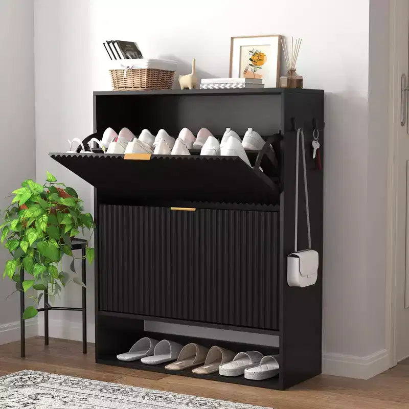 Meuble à chaussures étroit et cannelé avec 2 tiroirs basculants et étagère inférieure, organiseur de rangement dissimulé pour entrée, couloir et placard - Étagère à chaussures autoportante