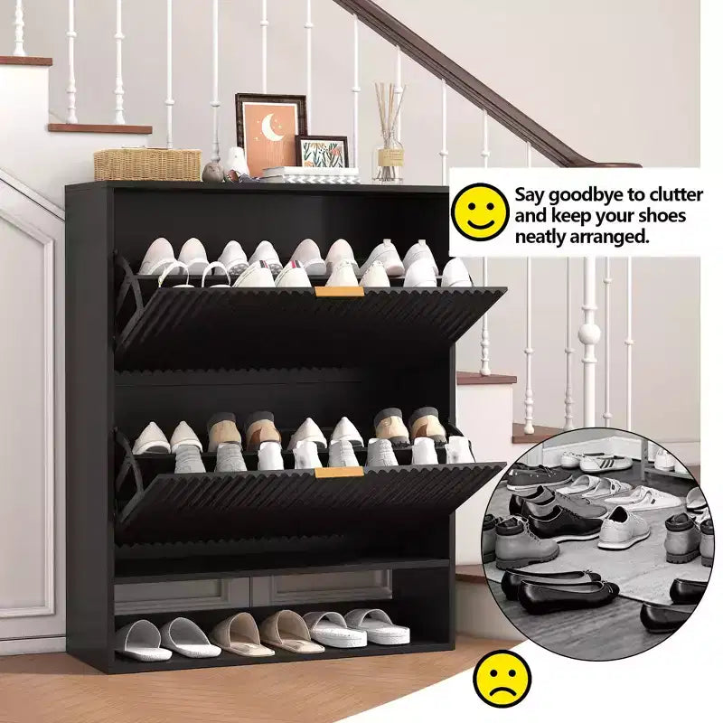 Meuble à chaussures étroit et cannelé avec 2 tiroirs basculants et étagère inférieure, organiseur de rangement dissimulé pour entrée, couloir et placard - Étagère à chaussures autoportante