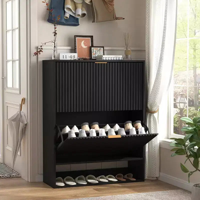 Slim Fluted Shoe Cabinet with 2 Flip Drawers &amp; Bottom Shelf, Hidden Storage Organizer for Entryway, Hallway &amp; Closet - Freestanding Shoe Rack