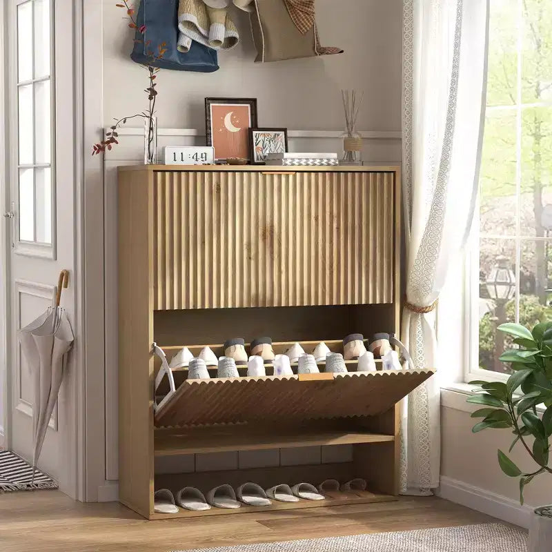 Meuble à chaussures étroit et cannelé avec 2 tiroirs basculants et étagère inférieure, organiseur de rangement dissimulé pour entrée, couloir et placard - Étagère à chaussures autoportante