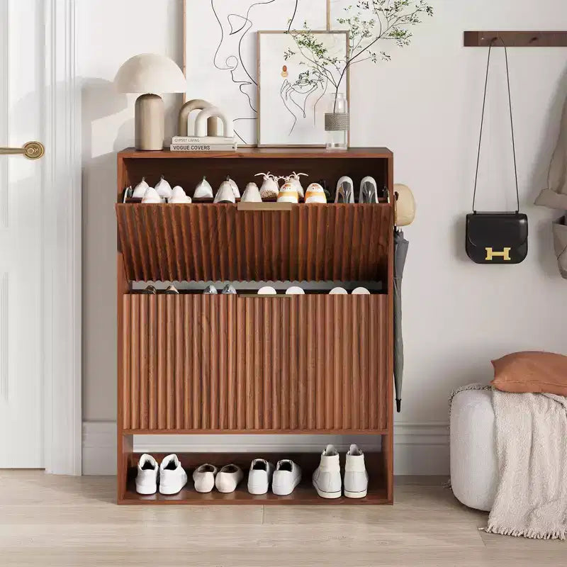 Meuble à chaussures étroit et cannelé avec 2 tiroirs basculants et étagère inférieure, organiseur de rangement dissimulé pour entrée, couloir et placard - Étagère à chaussures autoportante
