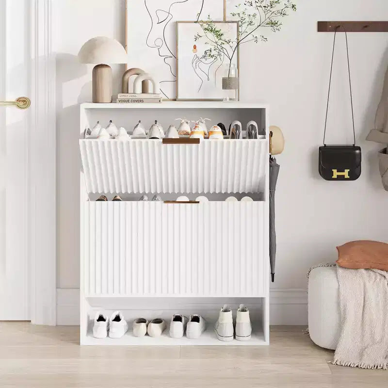 Meuble à chaussures étroit et cannelé avec 2 tiroirs basculants et étagère inférieure, organiseur de rangement dissimulé pour entrée, couloir et placard - Étagère à chaussures autoportante