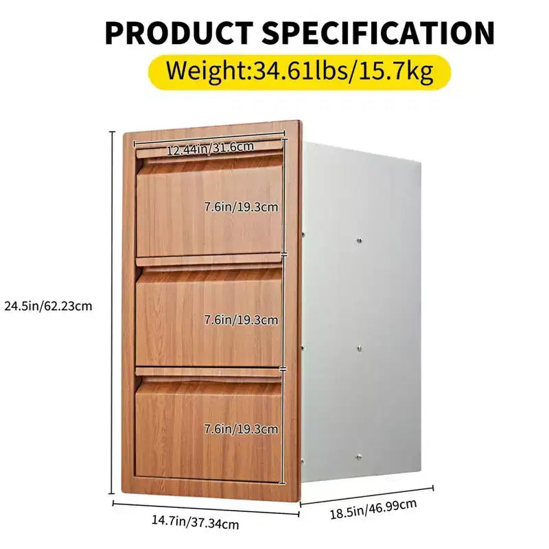Tiroirs de cuisine extérieure, tiroirs triples encastrables en acier inoxydable de 35,56 cm L x 60,96 cm H x 45,72 cm P, tiroirs de barbecue pour îlot de cuisine extérieure