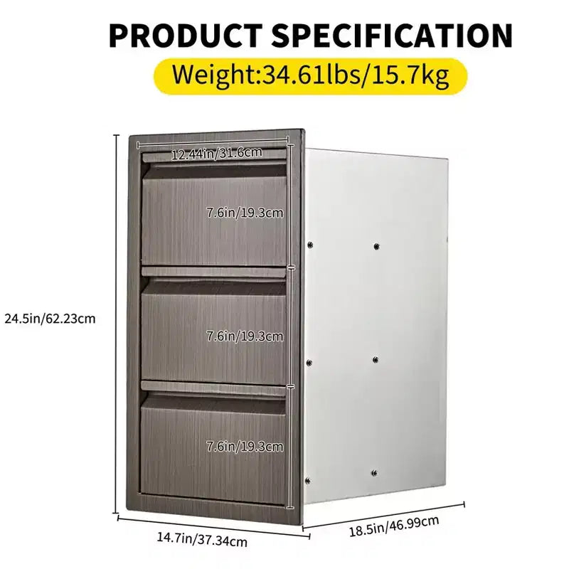 Tiroirs de cuisine extérieure, tiroirs triples encastrables en acier inoxydable de 35,56 cm L x 60,96 cm H x 45,72 cm P, tiroirs de barbecue pour îlot de cuisine extérieure