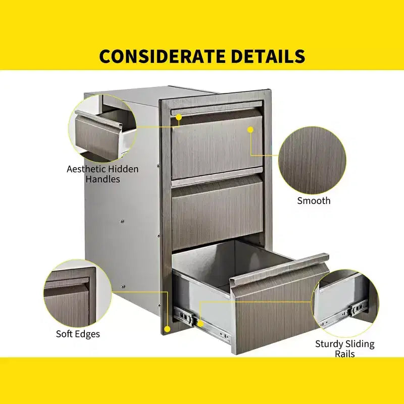 Tiroirs de cuisine extérieure, tiroirs triples encastrables en acier inoxydable de 35,56 cm L x 60,96 cm H x 45,72 cm P, tiroirs de barbecue pour îlot de cuisine extérieure