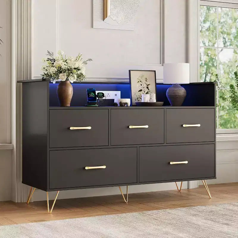 LED Dresser with Charging Station - Modern 5-Drawer 47 Wide Wooden Chest, Storage Organizer for Bedroom, Nursery, Hallway &amp; Apartments