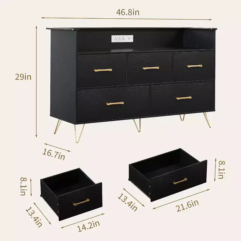 Commode LED avec station de recharge – Meuble de rangement moderne en bois à 5 tiroirs de 120 cm de large, pour chambre, chambre d'enfant, couloir et appartements