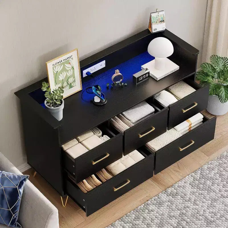 Commode LED avec station de recharge – Meuble de rangement moderne en bois à 5 tiroirs de 120 cm de large, pour chambre, chambre d'enfant, couloir et appartements