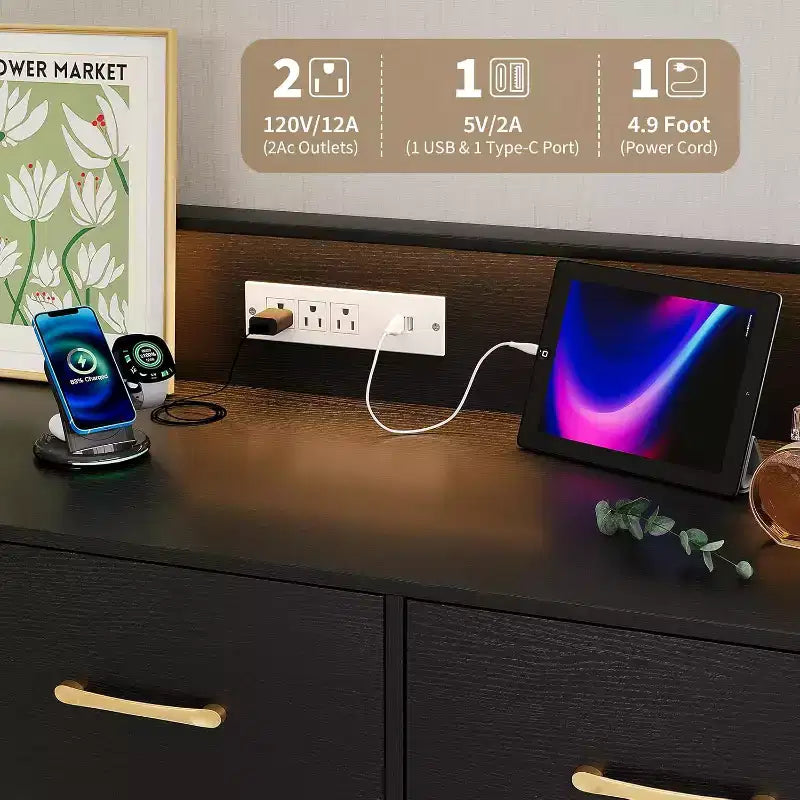 Commode LED avec station de recharge – Meuble de rangement moderne en bois à 5 tiroirs de 120 cm de large, pour chambre, chambre d'enfant, couloir et appartements