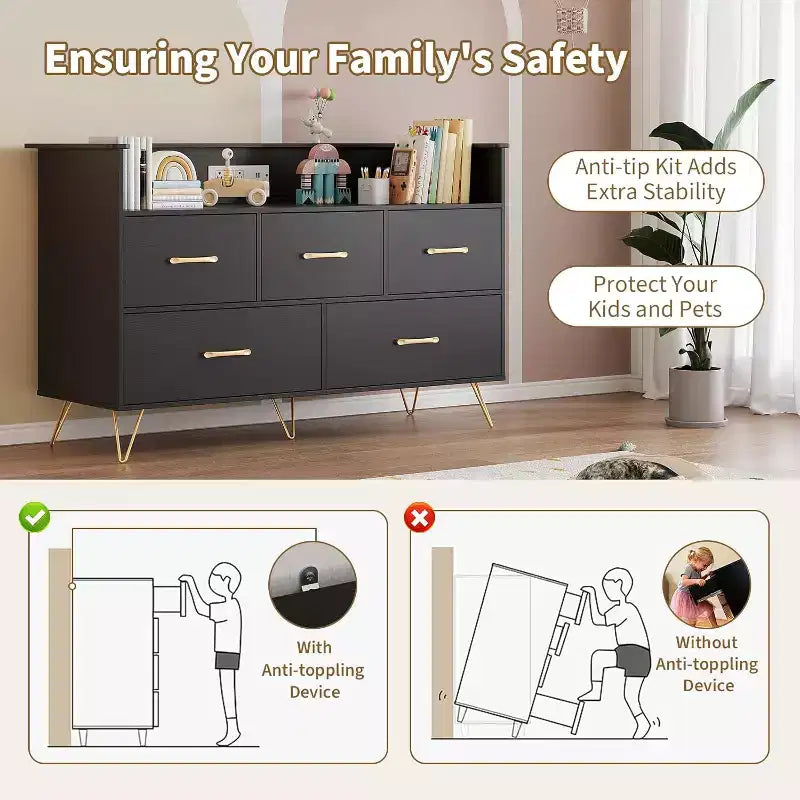 Commode LED avec station de recharge – Meuble de rangement moderne en bois à 5 tiroirs de 120 cm de large, pour chambre, chambre d'enfant, couloir et appartements