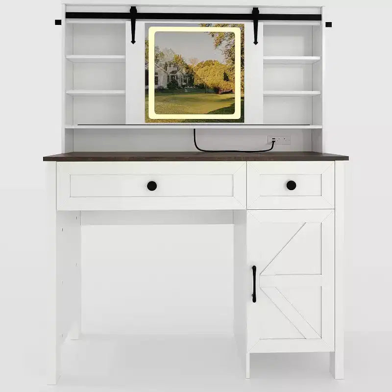 Vanity Desk with LED Lighted Mirror, Makeup Table with Charging Station, Drawers &amp; Storage Stool, Modern White Dressing Table for Bedroom