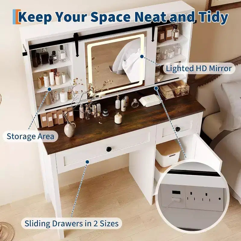 Coiffeuse avec miroir LED éclairé, Table de maquillage avec station de recharge, Tiroirs et tabouret de rangement, Coiffeuse moderne blanche pour chambre à coucher