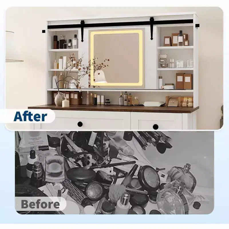 Coiffeuse avec miroir LED éclairé, Table de maquillage avec station de recharge, Tiroirs et tabouret de rangement, Coiffeuse moderne blanche pour chambre à coucher