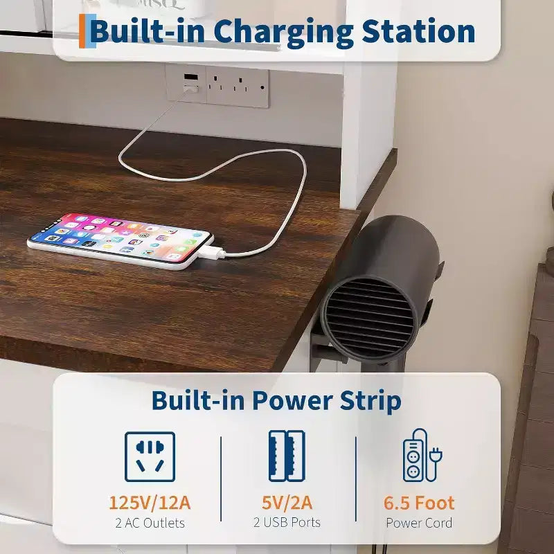 Coiffeuse avec miroir LED éclairé, Table de maquillage avec station de recharge, Tiroirs et tabouret de rangement, Coiffeuse moderne blanche pour chambre à coucher
