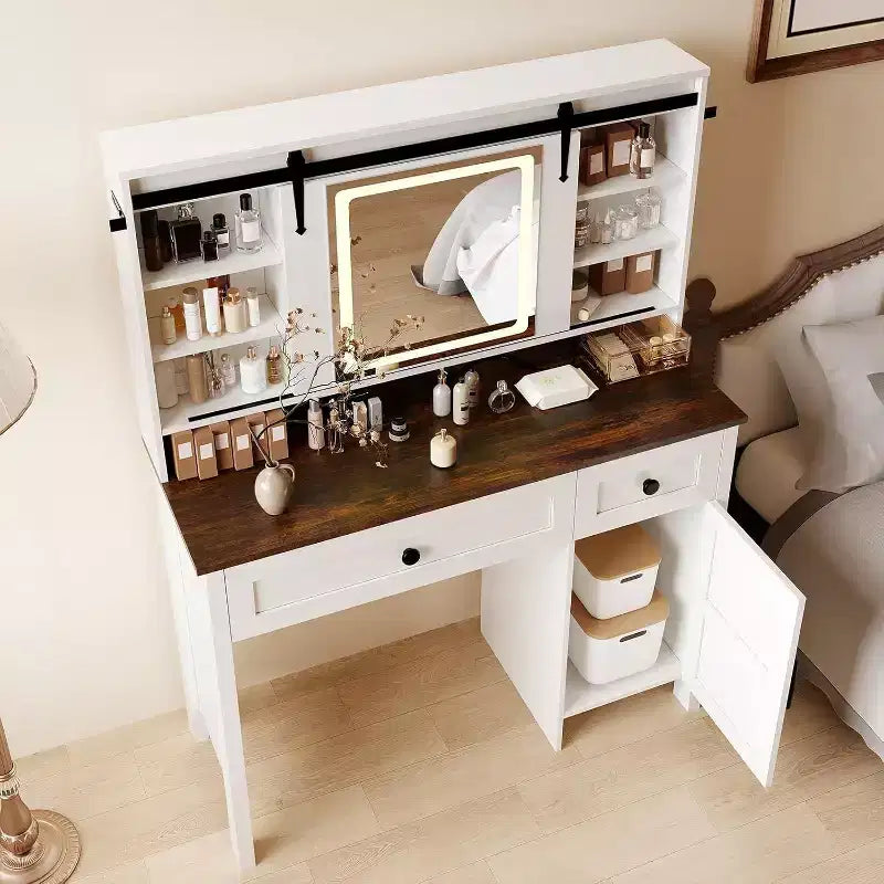 Coiffeuse avec miroir LED éclairé, Table de maquillage avec station de recharge, Tiroirs et tabouret de rangement, Coiffeuse moderne blanche pour chambre à coucher