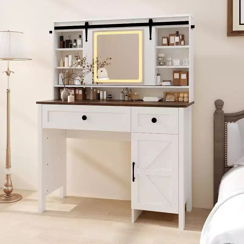 Coiffeuse avec miroir LED éclairé, Table de maquillage avec station de recharge, Tiroirs et tabouret de rangement, Coiffeuse moderne blanche pour chambre à coucher