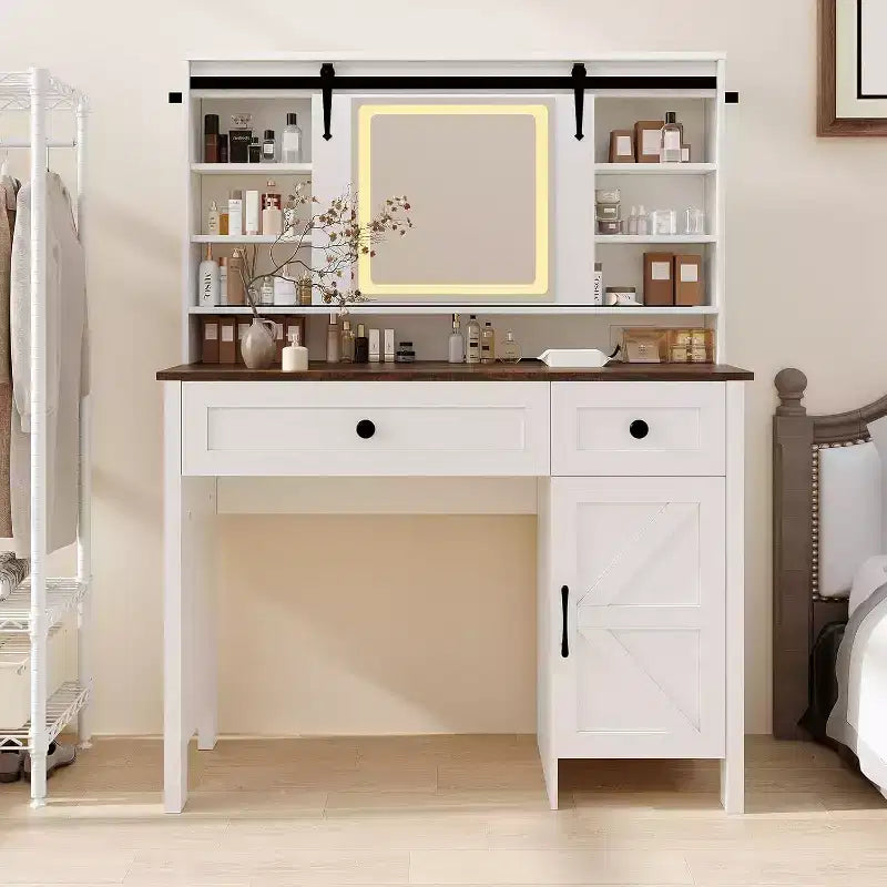 Coiffeuse avec miroir LED éclairé, Table de maquillage avec station de recharge, Tiroirs et tabouret de rangement, Coiffeuse moderne blanche pour chambre à coucher