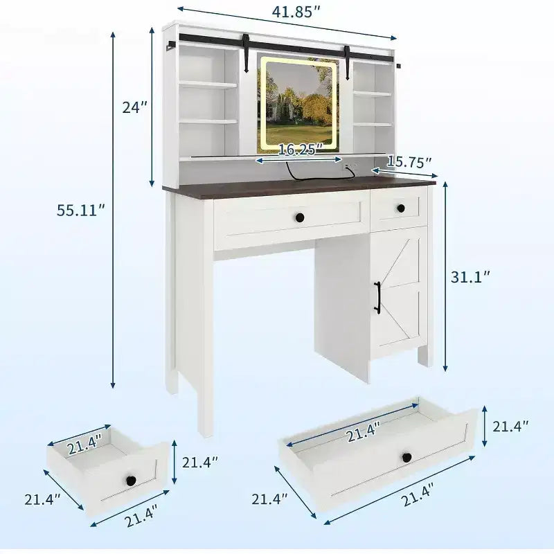 Coiffeuse avec miroir LED éclairé, Table de maquillage avec station de recharge, Tiroirs et tabouret de rangement, Coiffeuse moderne blanche pour chambre à coucher