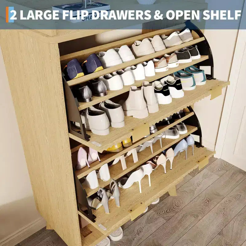 Meuble à chaussures, organiseur d'entrée, armoire cannelée de 122 cm de haut avec 2 tiroirs basculants, étagère ouverte, profil incurvé