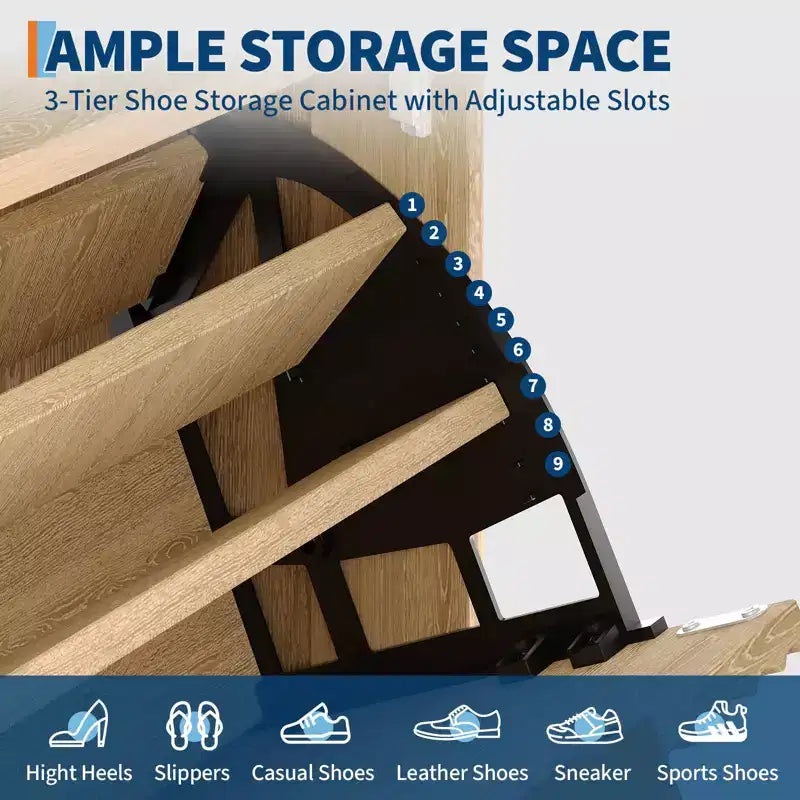 Meuble à chaussures, organiseur d'entrée, armoire cannelée de 122 cm de haut avec 2 tiroirs basculants, étagère ouverte, profil incurvé